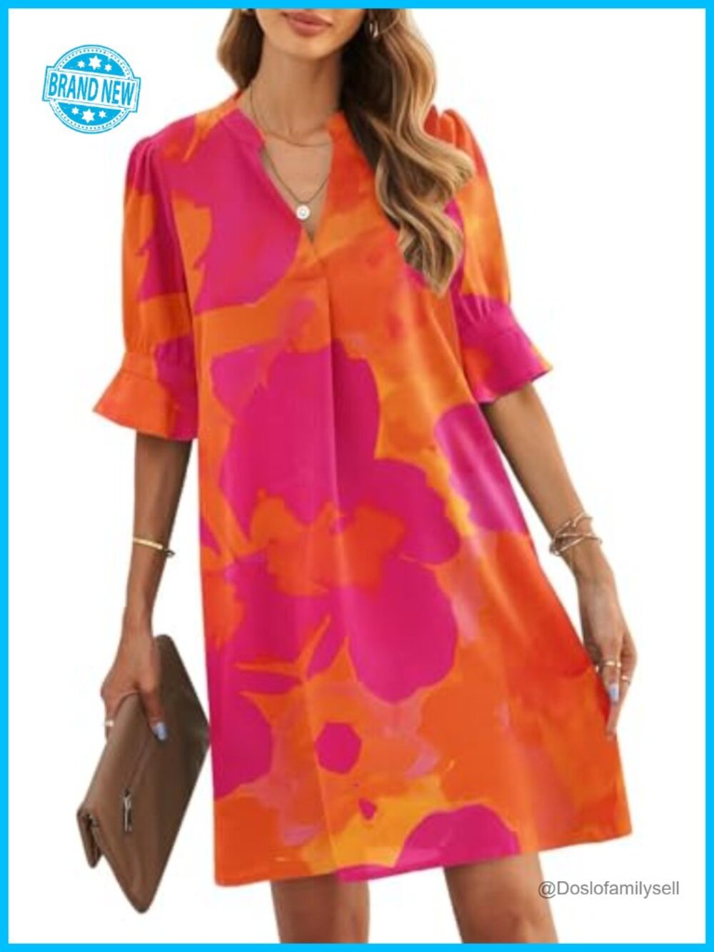 V-Neck Ruffled Short Sleeve Shift Dress Knee Length Casual Summer Dress